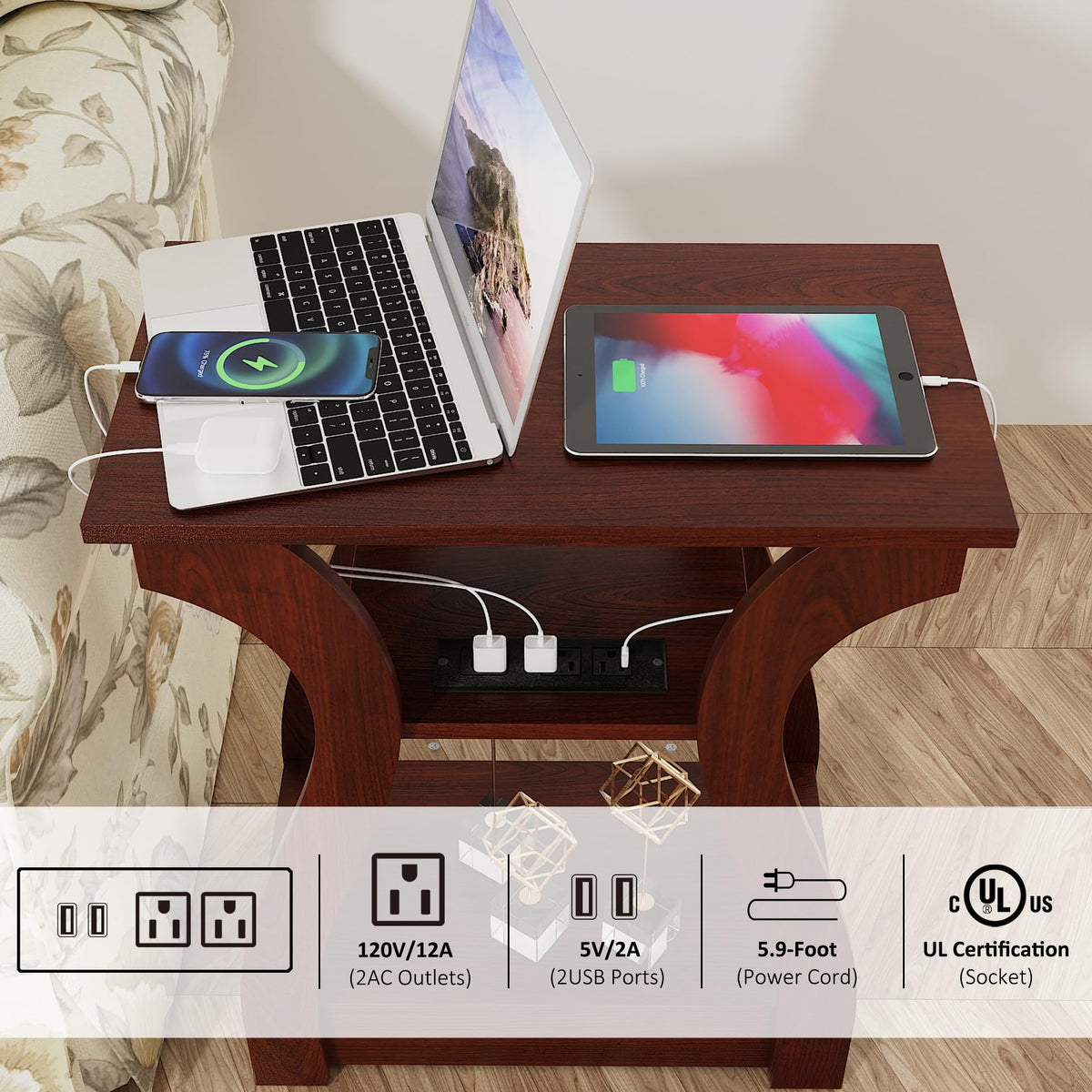 Cherry End Tables Set of 2 with Charging Station R22378