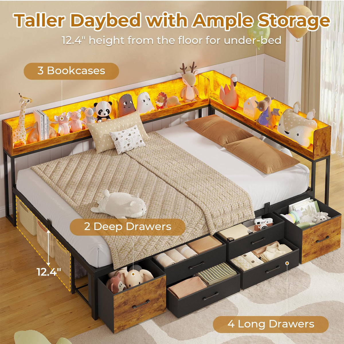 14 Inch Corner Bed Frame with Bookcase Storage, Full Daybed with 6 Drawers, Charging Station and LED Light, Black & Vintage Brown E339