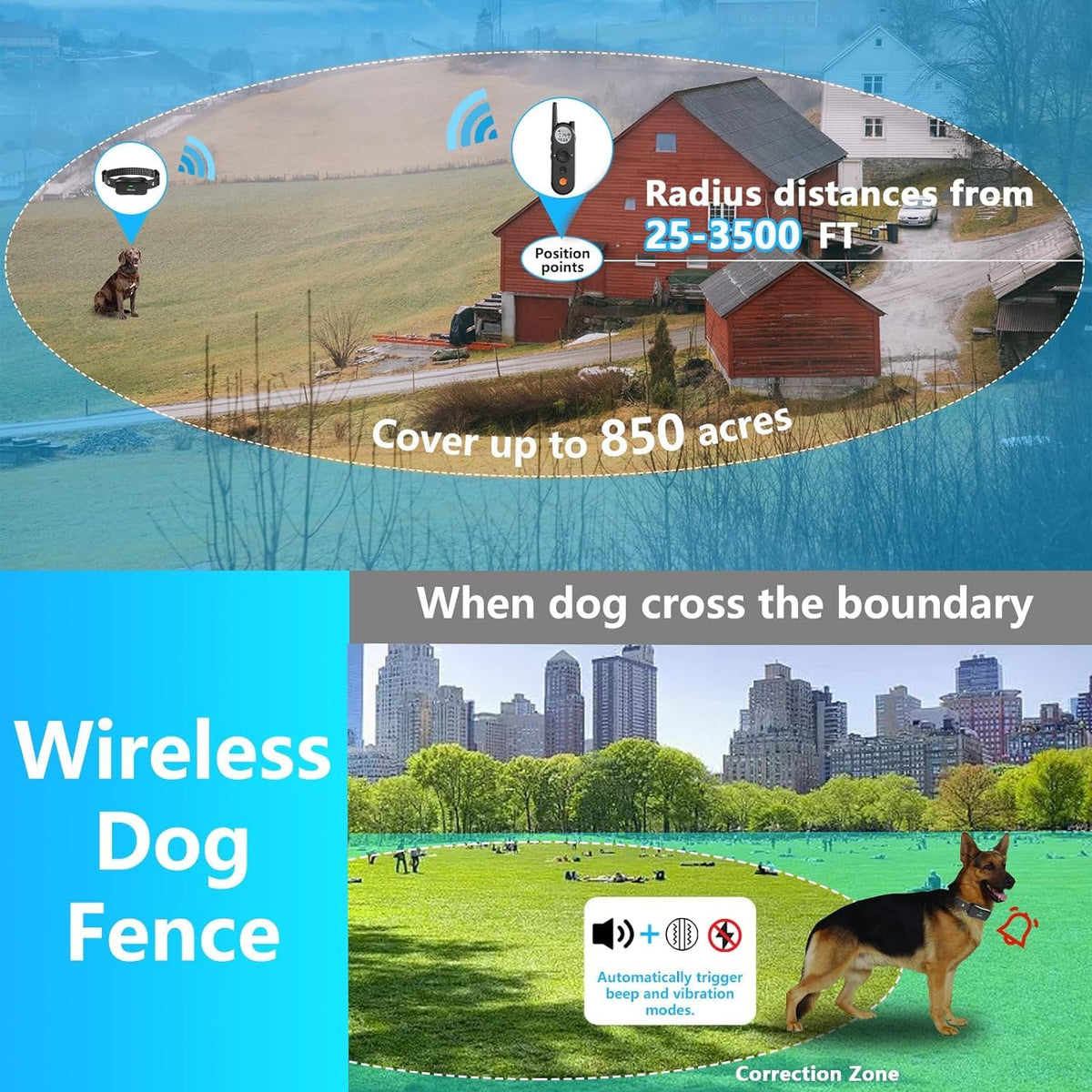 Wireless Dog Fence & Training Collar for 2 Dogs, IPX7 Waterproof, Black F92108
