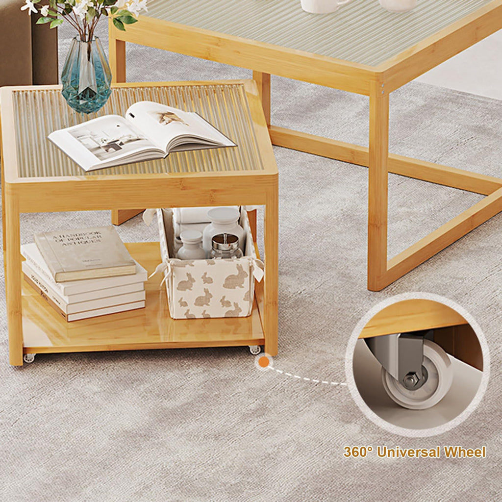Set of 2 Square Glass Coffee Table with Bamboo Frame X473