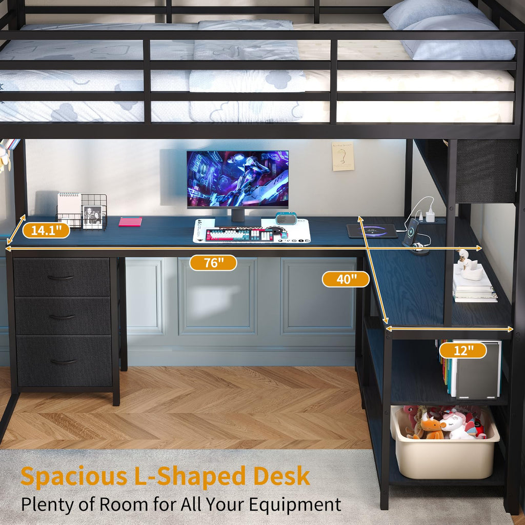 Twin Loft Bed with L-Shaped Desk and LED Lights O104