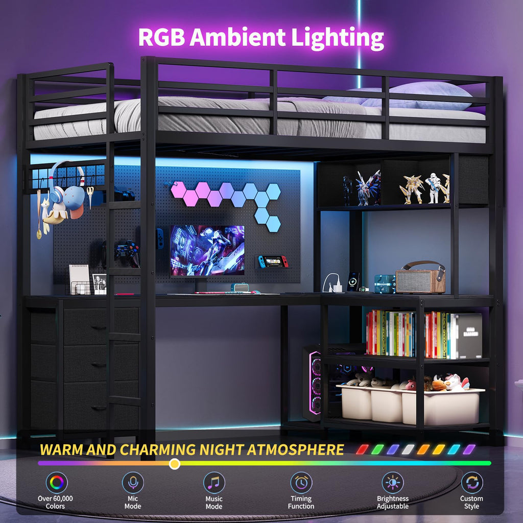 Twin Loft Bed with L-Shaped Desk and LED Lights O104