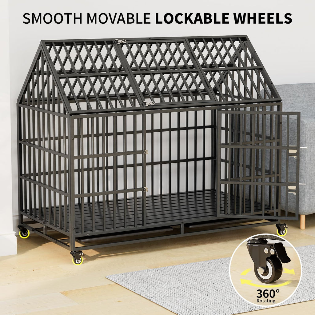 52 Inch Heavy Duty XXL Dog Crate with Open Roof Top, Trays and Wheels W9230