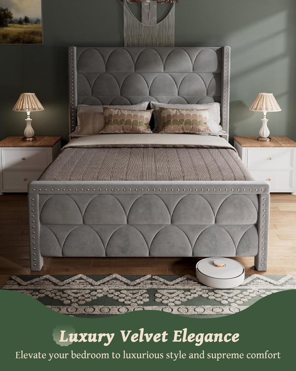 Queen Size Velvet Upholstered Platform Bed Frame X3083