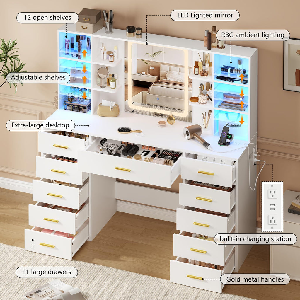 55" Extra-Wide White Makeup Vanity Desk with Lighted Mirror & 11 Drawers X7441