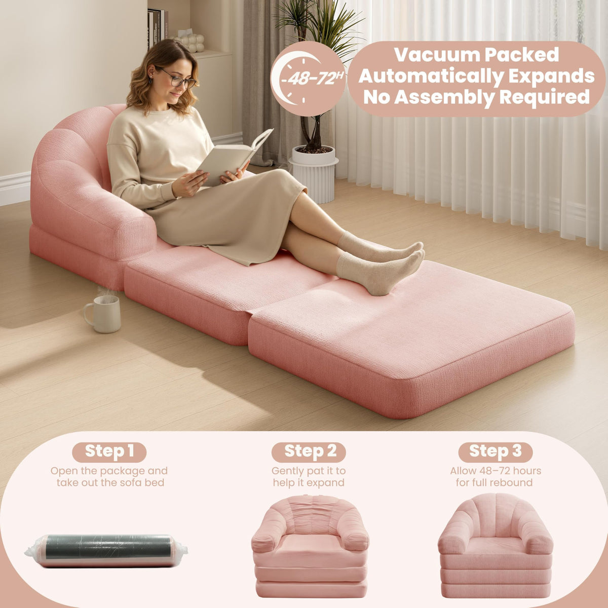 Pink Chenille Convertible Sofa Bed P22716