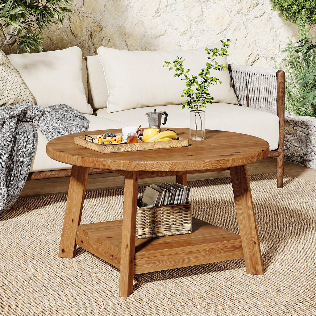 Solid Wood Round 2-Tier Coffee Table with Storage Shelf V428977