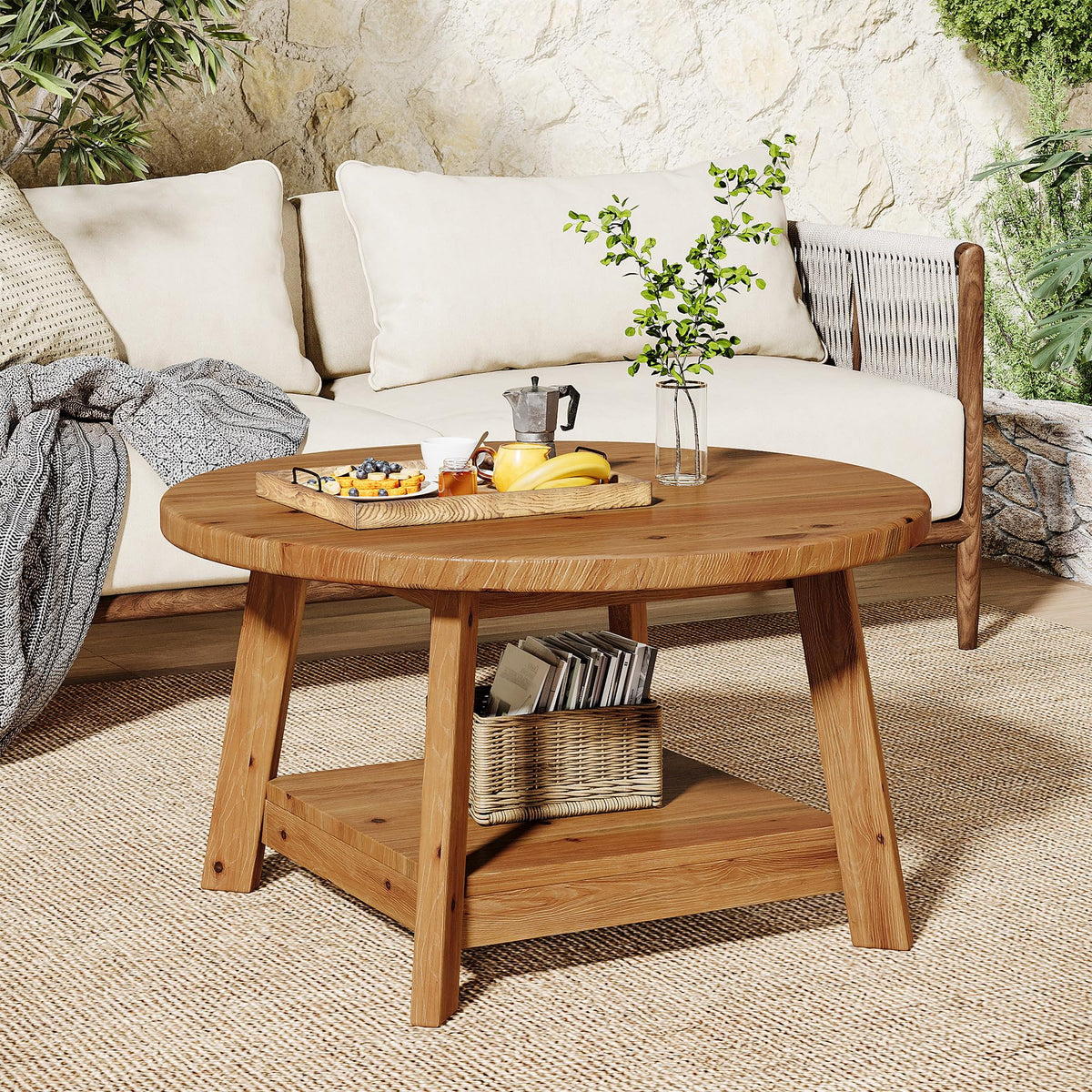Solid Wood Round 2-Tier Coffee Table with Storage Shelf V428977