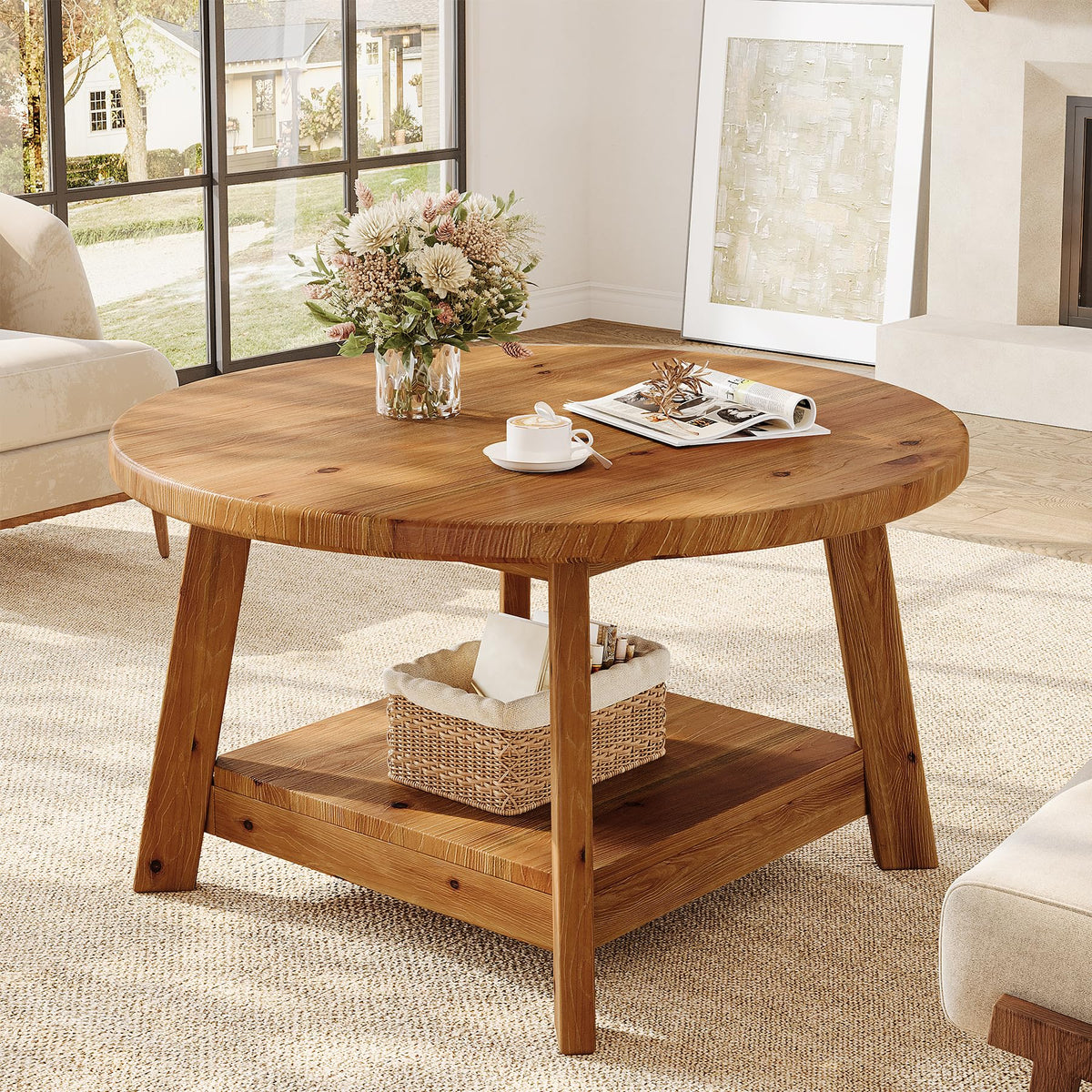 Solid Wood Round 2-Tier Coffee Table with Storage Shelf V428977