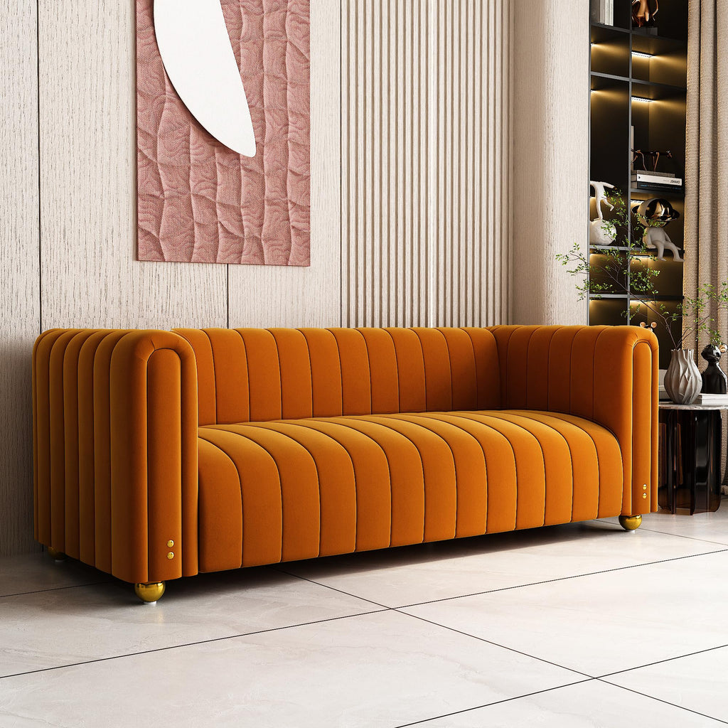 81" Orange Velvet Tufted Sofa 3 Seater with Metal Legs I76939