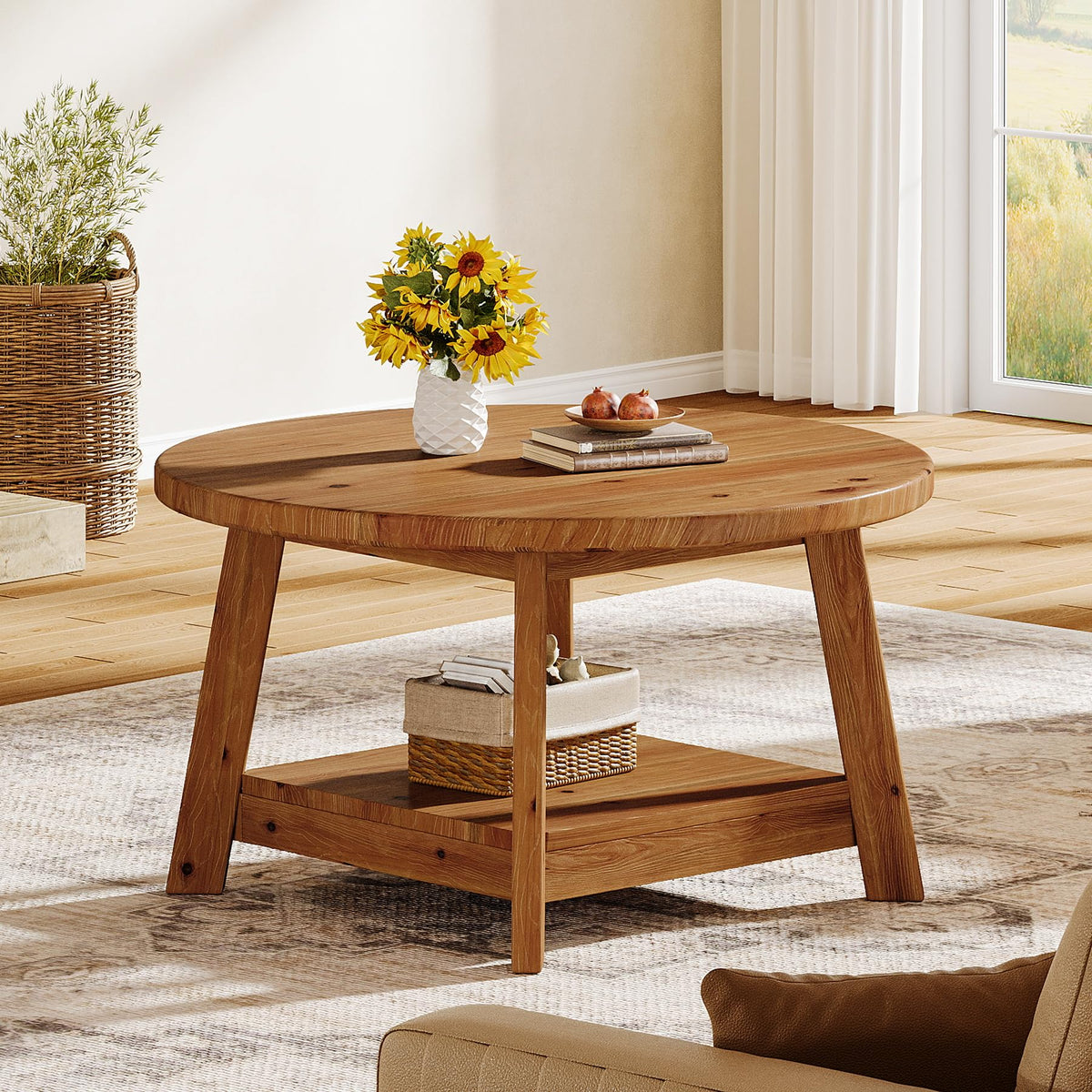 Solid Wood Round 2-Tier Coffee Table with Storage Shelf V428977