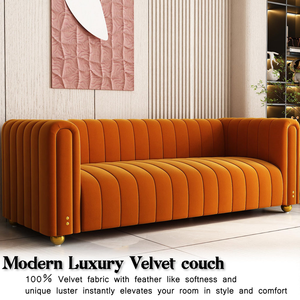81" Orange Velvet Tufted Sofa 3 Seater with Metal Legs I76939
