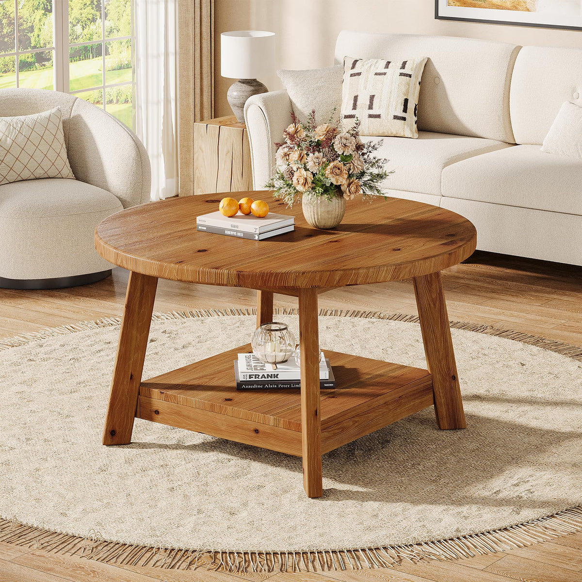 Solid Wood Round 2-Tier Coffee Table with Storage Shelf V428977