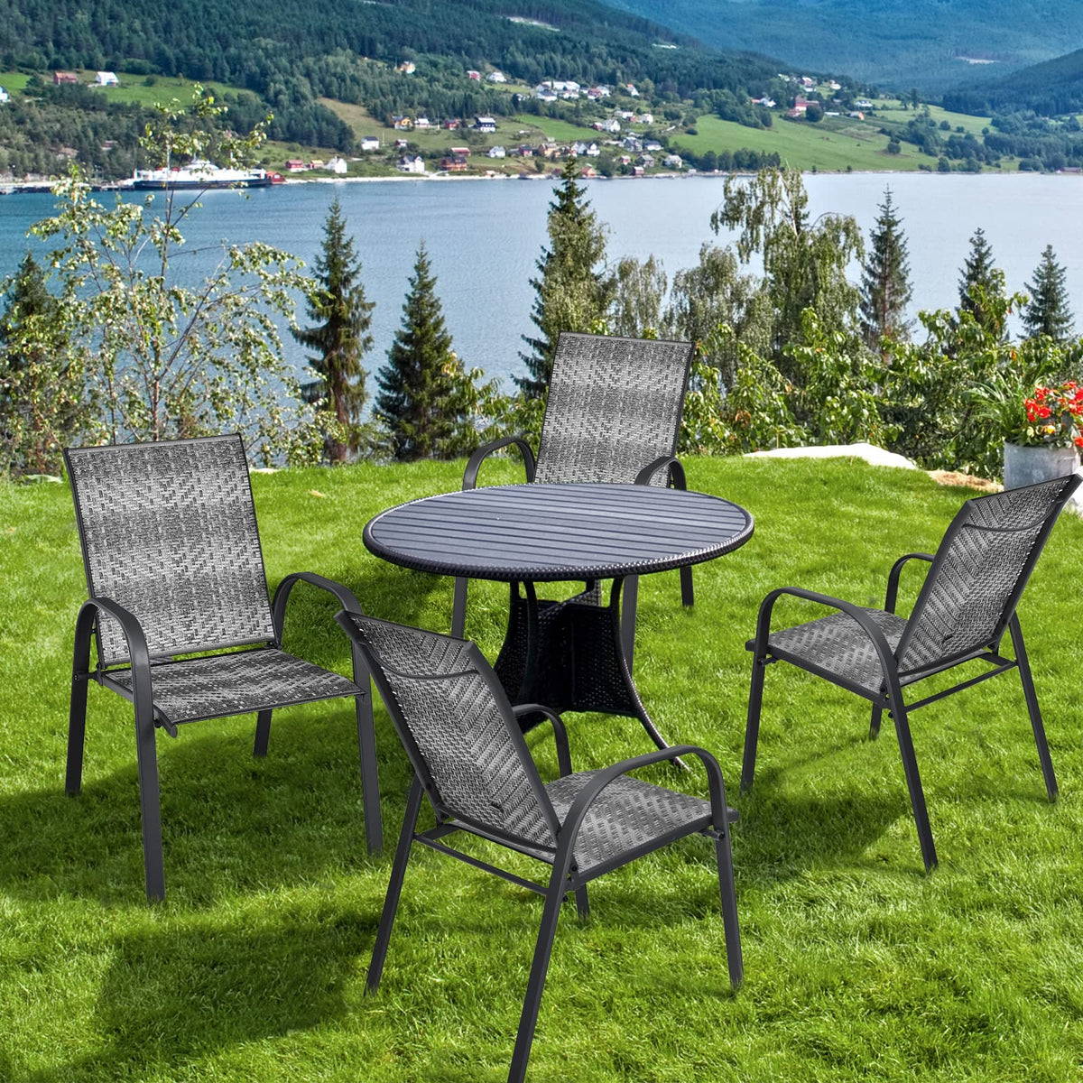 Stackable PE Wicker Patio Arm Chairs Set of 6 U405698