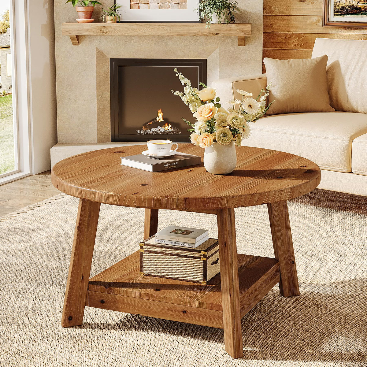 Solid Wood Round 2-Tier Coffee Table with Storage Shelf V428977