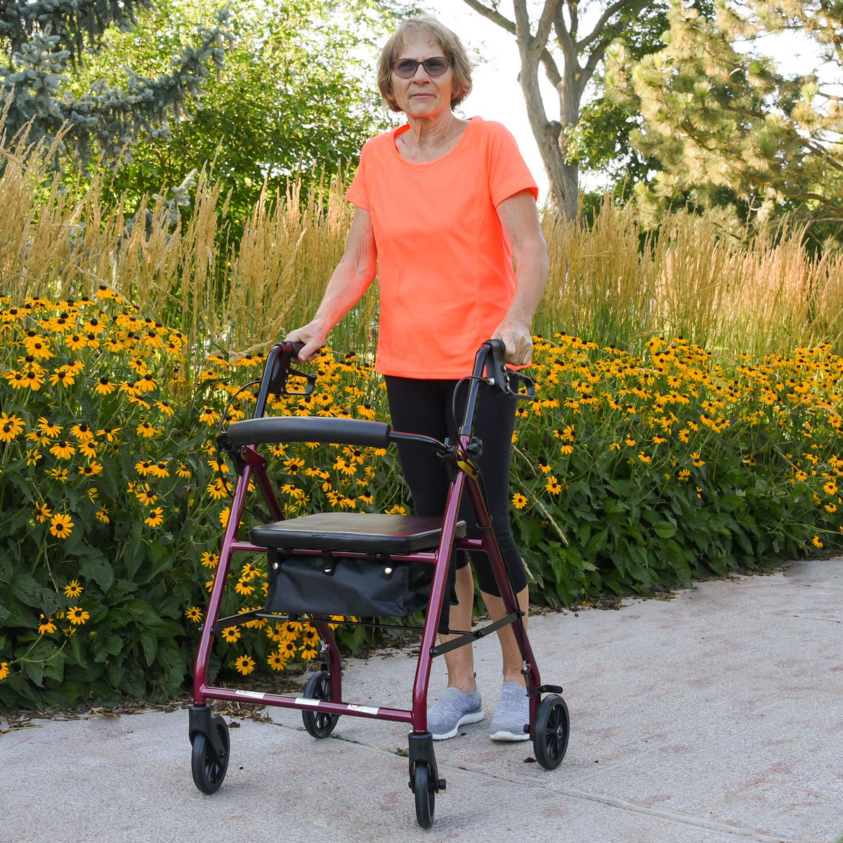 Aluminum Rollator Walker with Seat, 6-inch Wheels, Foldable, Burgundy E6531
