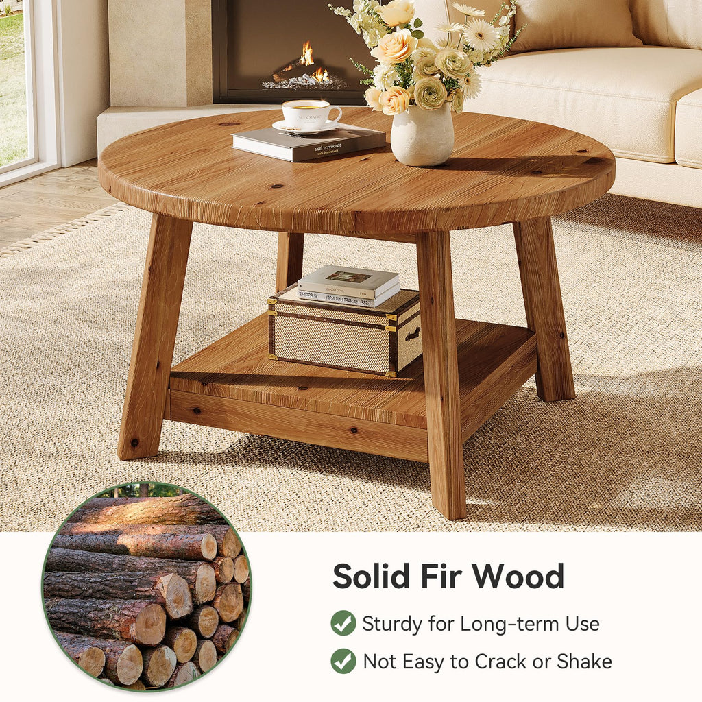Solid Wood Round 2-Tier Coffee Table with Storage Shelf V428977