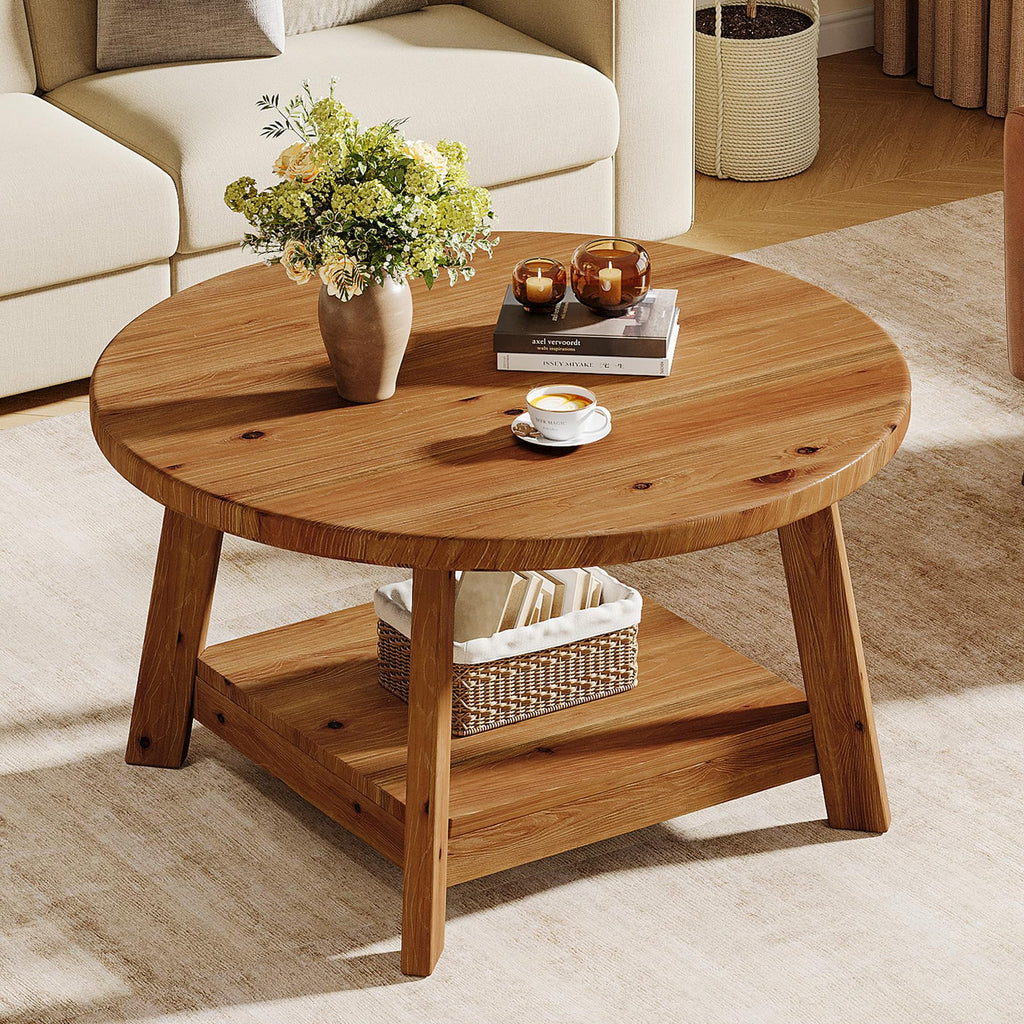 Solid Wood Round 2-Tier Coffee Table with Storage Shelf V428977